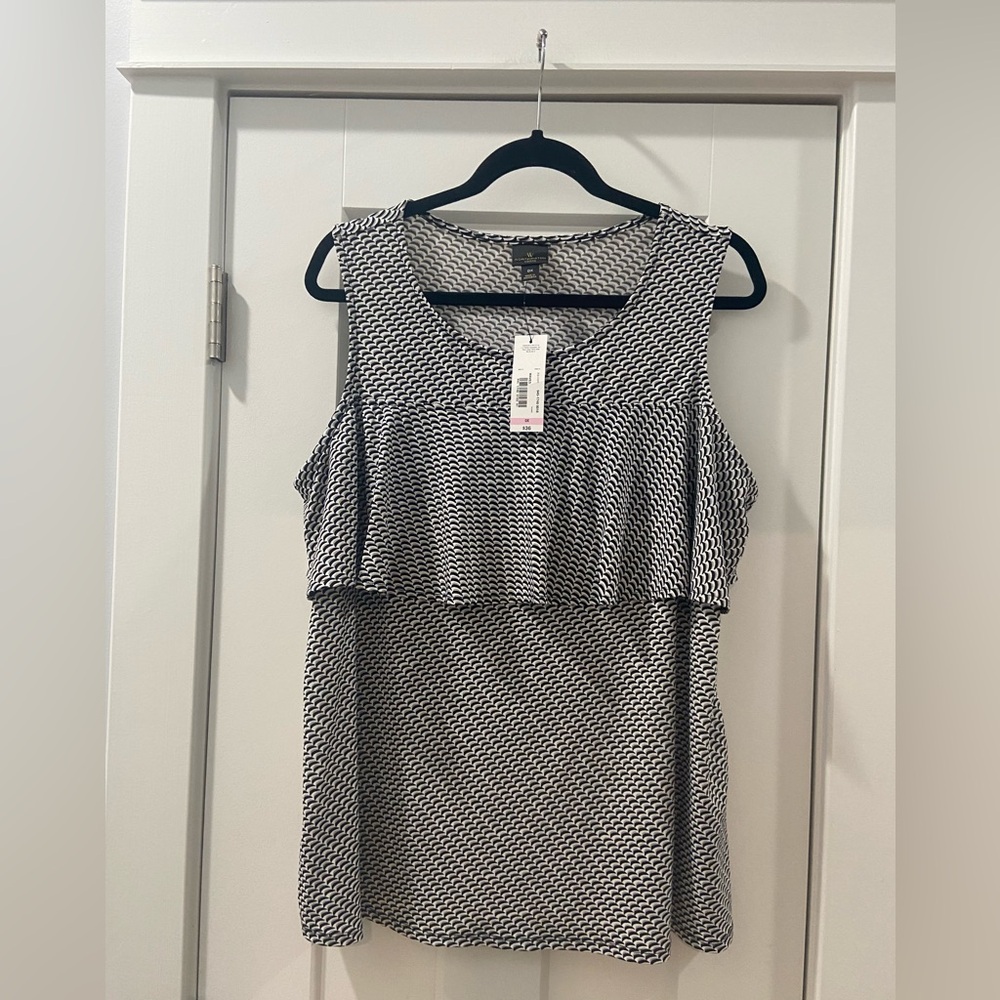 Worthington women's sleeveless blouse 0X NWT black gray white geometric pattern